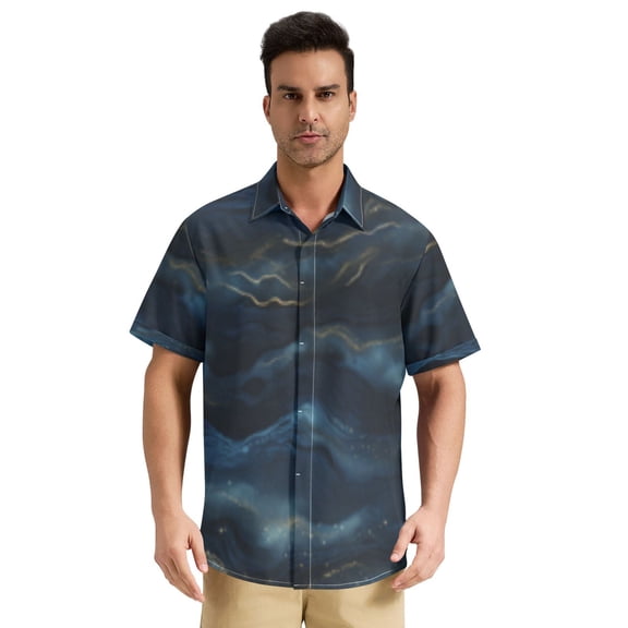 Dailycode Men's Casual Button Down Shirts Short Sleeve Summer Hawaiian Beach Shirt, Navy Blue and Gold Marble
