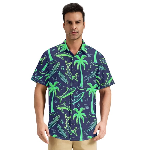Dailycode Men's Casual Button Down Shirts Short Sleeve Summer Hawaiian Beach Shirt, Neon Green Shark and Palm Trees