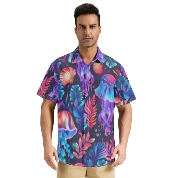 Dailycode Men's Casual Button Down Shirts Short Sleeve Summer Hawaiian Beach Shirt, Neon Jellyfish and Shell
