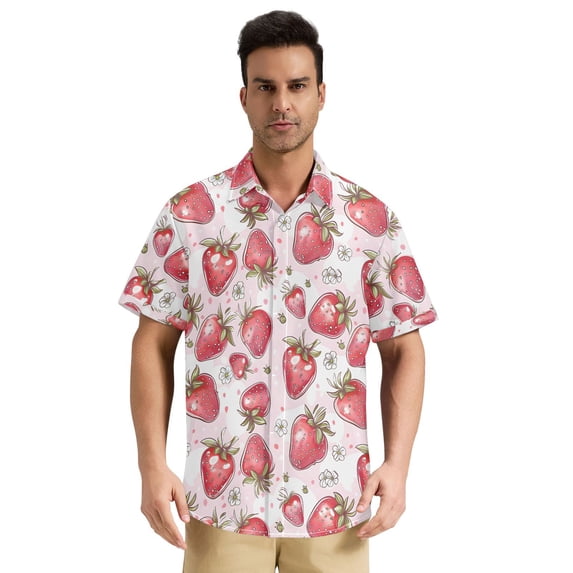 Dailycode Men's Casual Button Down Shirts Short Sleeve Summer Hawaiian Beach Shirt, Pink Strawberry White Flowers