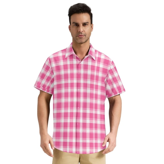 Dailycode Men's Casual Button Down Shirts Short Sleeve Summer Hawaiian Beach Shirt, Pink White Plaid