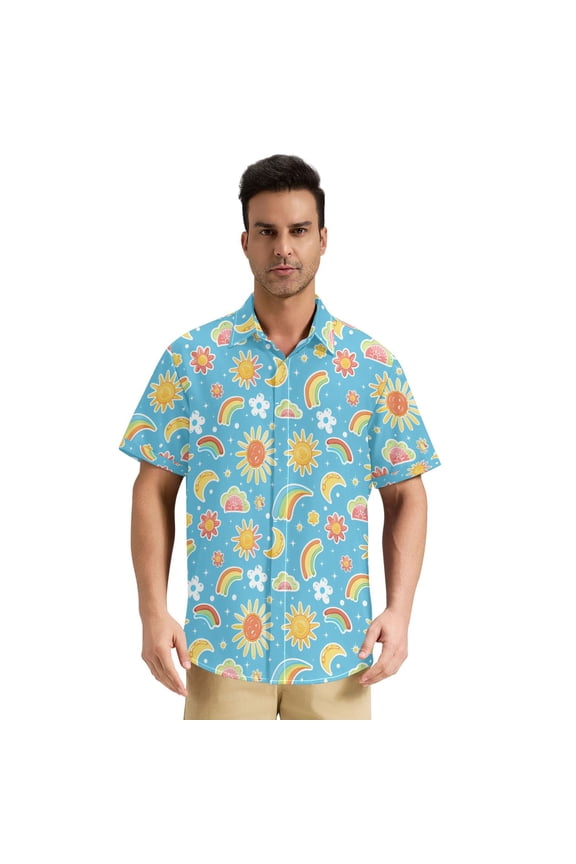 Men's Casual Button Down Shirts Short Sleeve Summer Hawaiian Beach Shirt, Rainbow Sun Flower Moon