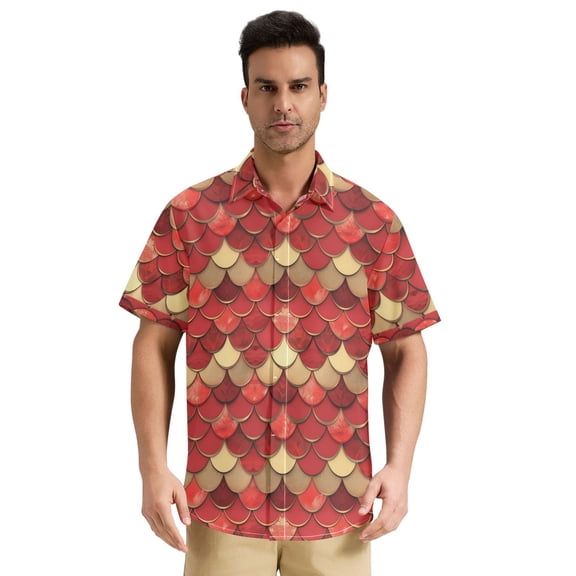 Dailycode Men's Casual Button Down Shirts Short Sleeve Summer Hawaiian Beach Shirt, Red Gold Scales