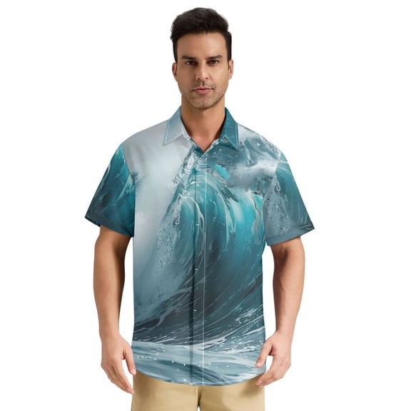 Dailycode Men's Casual Button Down Shirts Short Sleeve Summer Hawaiian Beach Shirt, Sea Wave