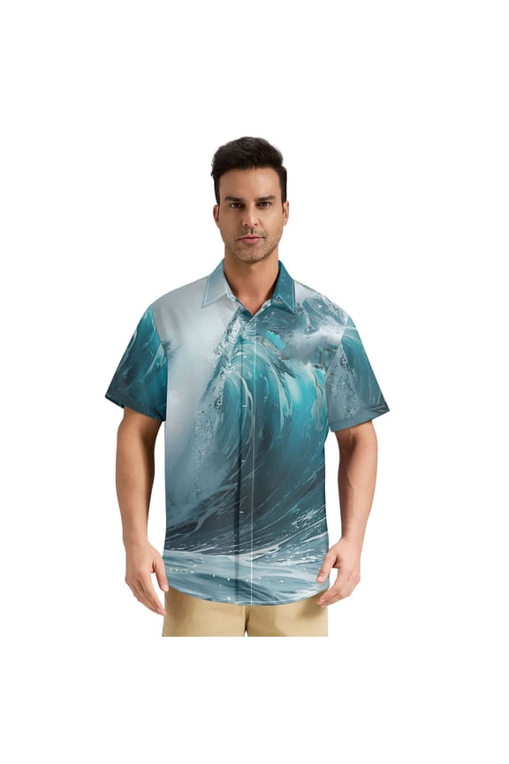 Men's Casual Button Down Shirts Short Sleeve Summer Hawaiian Beach Shirt, Sea Wave