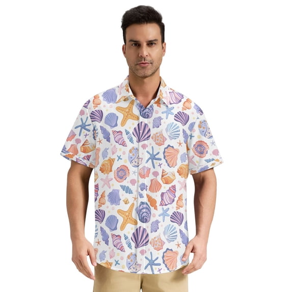 Dailycode Men's Casual Button Down Shirts Short Sleeve Summer Hawaiian Beach Shirt, Shells and Starfish