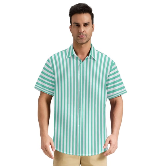 Dailycode Men's Casual Button Down Shirts Short Sleeve Summer Hawaiian Beach Shirt, Teal White Stripe