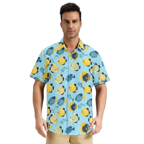 Dailycode Men's Casual Button Down Shirts Short Sleeve Summer Hawaiian Beach Shirt, Tropical Fish in Water