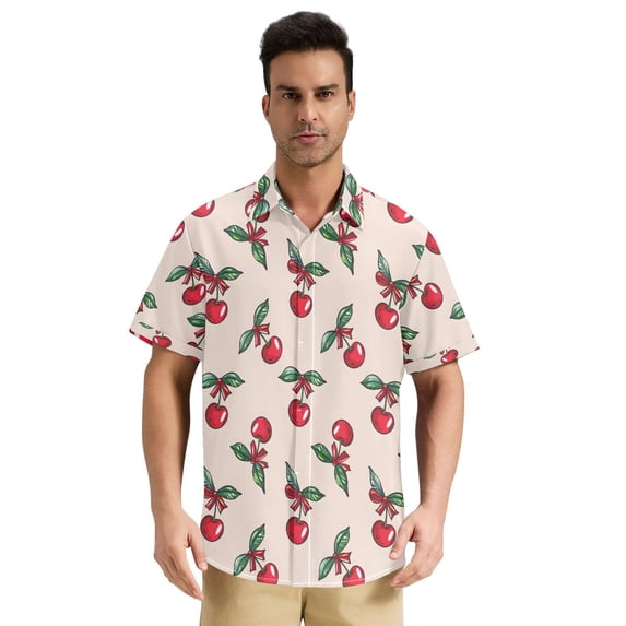 Dailycode Men's Casual Button Down Shirts Short Sleeve Summer Hawaiian Beach Shirt, Valentine with Cartoon Cherry Bow