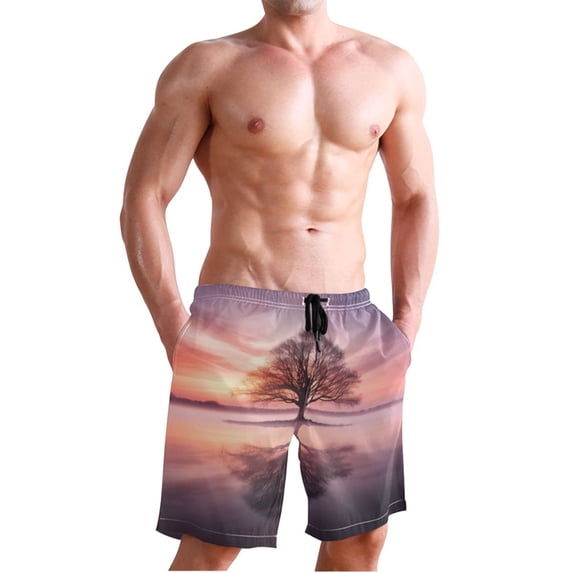 Dailycode Men's Quick Dry Swim Trunks Beach Shorts Casual Summer Board Shorts with Pockets, Beautiful Tree on Lake