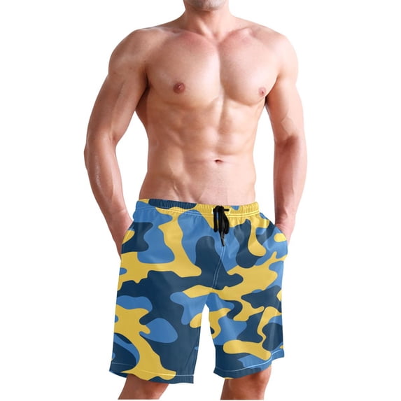 Dailycode Men's Quick Dry Swim Trunks Beach Shorts Casual Summer Board Shorts with Pockets, Blue and Yellow Camouflage