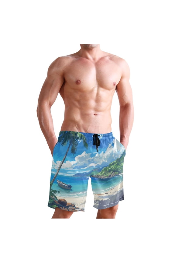 Men's Quick Dry Swim Trunks Beach Shorts Casual Summer Board Shorts with Pockets, Boat on Sea and Beach
