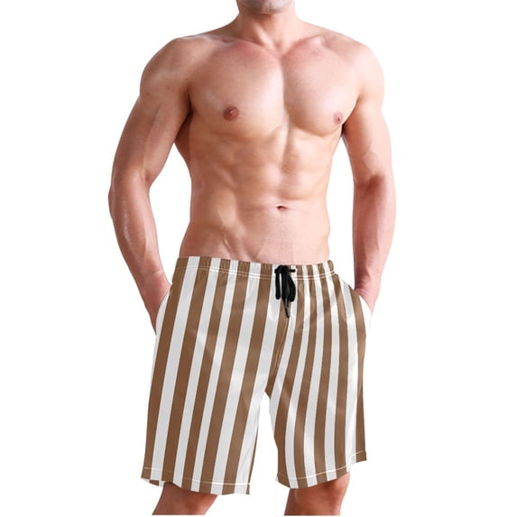 Dailycode Men's Quick Dry Swim Trunks Beach Shorts Casual Summer Board Shorts with Pockets, Brown and White Striped