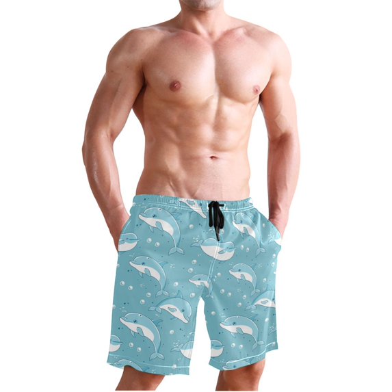 Dailycode Men's Quick Dry Swim Trunks Beach Shorts Casual Summer Board Shorts with Pockets, Cartoon Cute Dolphins