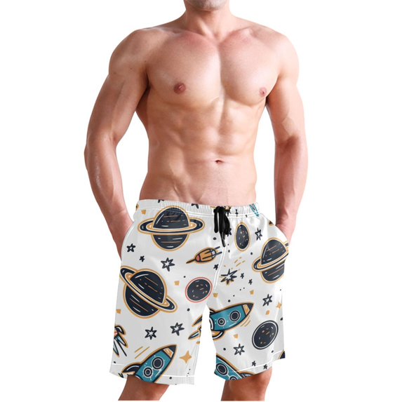 Dailycode Men's Quick Dry Swim Trunks Beach Shorts Casual Summer Board Shorts with Pockets, Cartoon Space Rockets and Planets