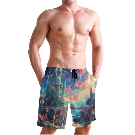 Dailycode Men's Quick Dry Swim Trunks Beach Shorts Casual Summer Board Shorts with Pockets, Castle Bridge Starry Sky