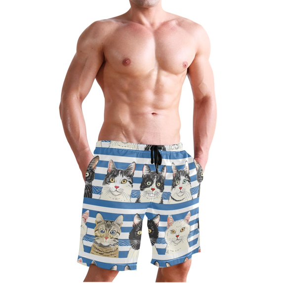 Dailycode Men's Quick Dry Swim Trunks Beach Shorts Casual Summer Board Shorts with Pockets, Cats with Blue White Striped