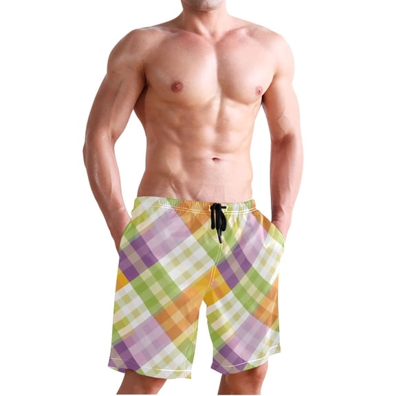 Dailycode Men's Quick Dry Swim Trunks Beach Shorts Casual Summer Board Shorts with Pockets, Colorful Gingham