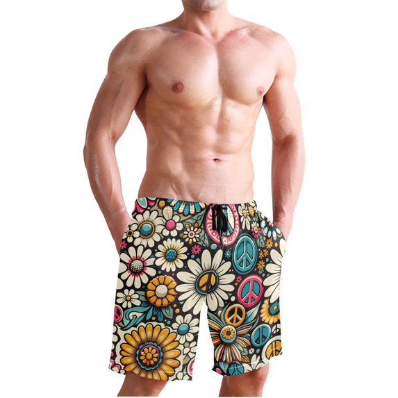 Dailycode Men's Quick Dry Swim Trunks Beach Shorts Casual Summer Board Shorts with Pockets, Daisy Flower and Peace Symbol