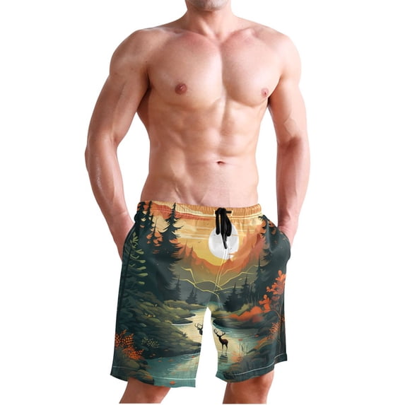 Dailycode Men's Quick Dry Swim Trunks Beach Shorts Casual Summer Board Shorts with Pockets, Forest Deer Sunset