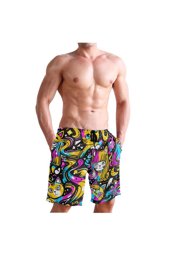 Men's Quick Dry Swim Trunks Beach Shorts Casual Summer Board Shorts with Pockets, Funny Cats with Long Hair