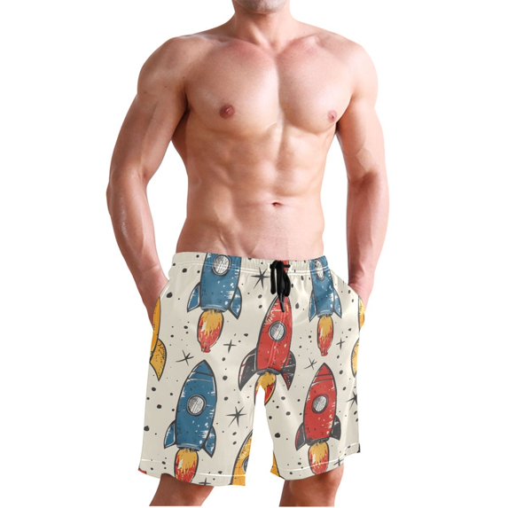 Dailycode Men's Quick Dry Swim Trunks Beach Shorts Casual Summer Board Shorts with Pockets, Hand Drawn Rocket