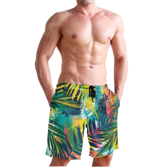 Dailycode Men's Quick Dry Swim Trunks Beach Shorts Casual Summer Board Shorts with Pockets, Hand Painted Tropical Leaf