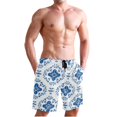 thumbnail image 1 of Dailycode Men's Quick Dry Swim Trunks Beach Shorts Casual Summer Board Shorts with Pockets, Indigo Damask Wallpaper Design, 1 of 8