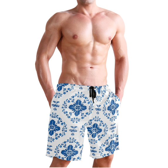 Dailycode Men's Quick Dry Swim Trunks Beach Shorts Casual Summer Board Shorts with Pockets, Indigo Damask Wallpaper Design