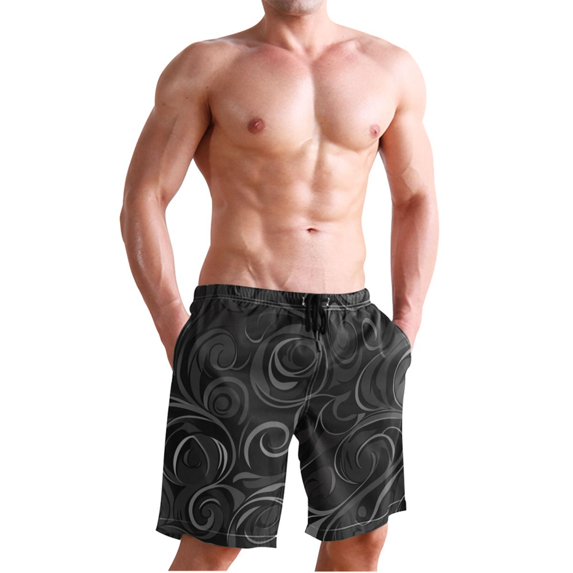Dailycode Men's Quick Dry Swim Trunks Beach Shorts Casual Summer Board Shorts with Pockets, Light Black Mysterious Swirling Plants