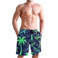 thumbnail image 1 of Dailycode Men's Quick Dry Swim Trunks Beach Shorts Casual Summer Board Shorts with Pockets, Neon Green Shark and Palm Trees, 1 of 8