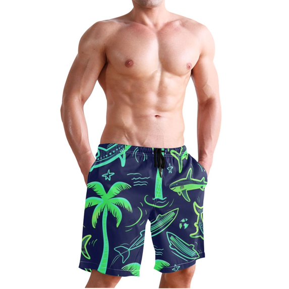 Dailycode Men's Quick Dry Swim Trunks Beach Shorts Casual Summer Board Shorts with Pockets, Neon Green Shark and Palm Trees