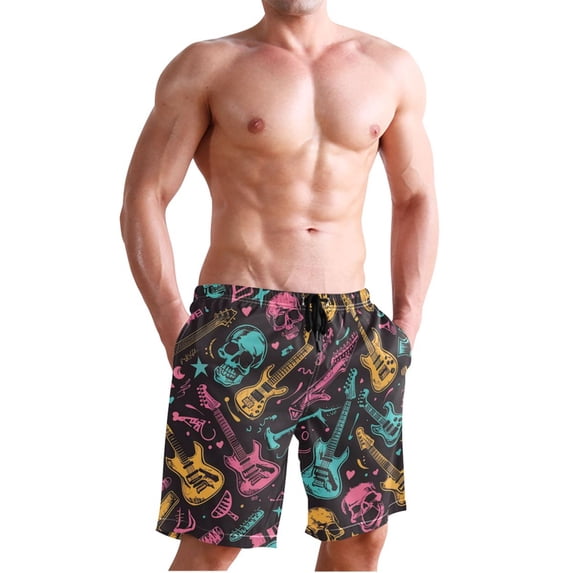 Dailycode Men's Quick Dry Swim Trunks Beach Shorts Casual Summer Board Shorts with Pockets, Neon Guitar and Skull