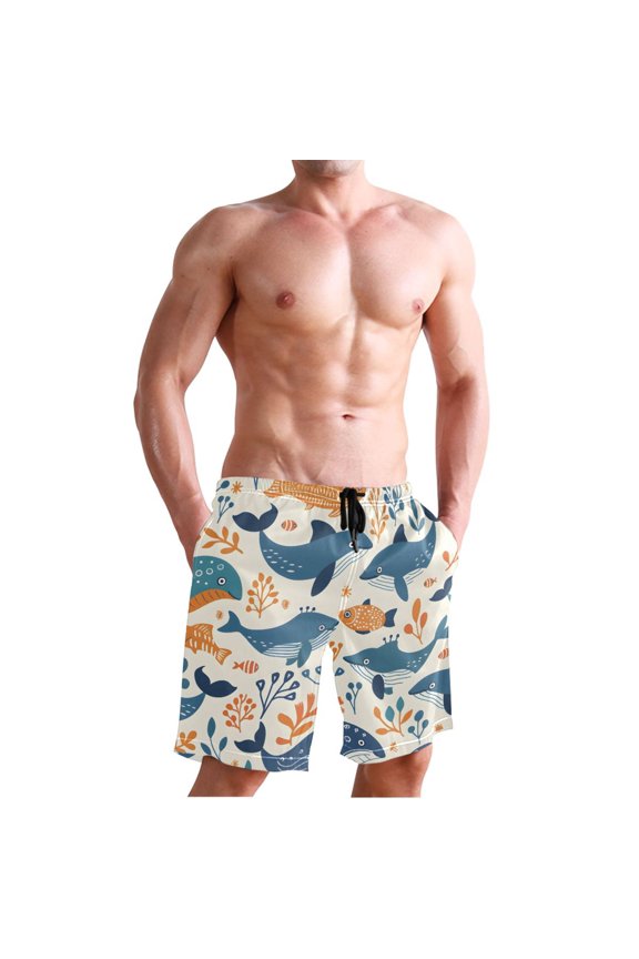 Men's Quick Dry Swim Trunks Beach Shorts Casual Summer Board Shorts with Pockets, Playful Whale and Fish