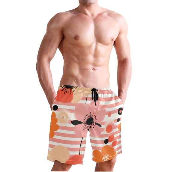 Dailycode Men's Quick Dry Swim Trunks Beach Shorts Casual Summer Board Shorts with Pockets, Poppy Flowers and Stripes
