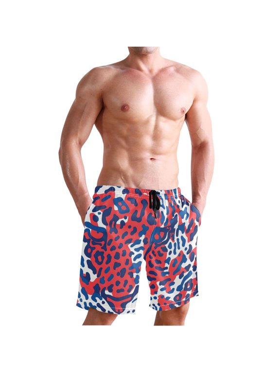 Men's Quick Dry Swim Trunks Beach Shorts Casual Summer Board Shorts with Pockets, Red Leopard