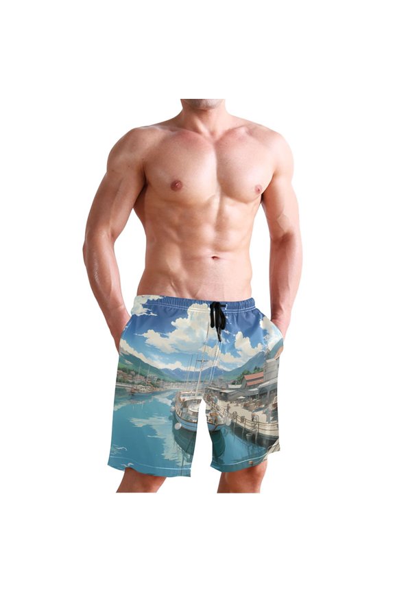 Men's Quick Dry Swim Trunks Beach Shorts Casual Summer Board Shorts with Pockets, Sailing Boats Docked in Town