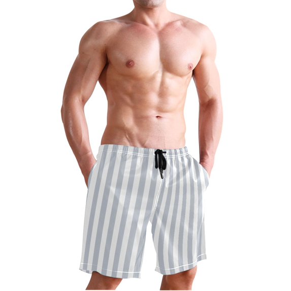 Dailycode Men's Quick Dry Swim Trunks Beach Shorts Casual Summer Board Shorts with Pockets, Sky Gray and White Stripes