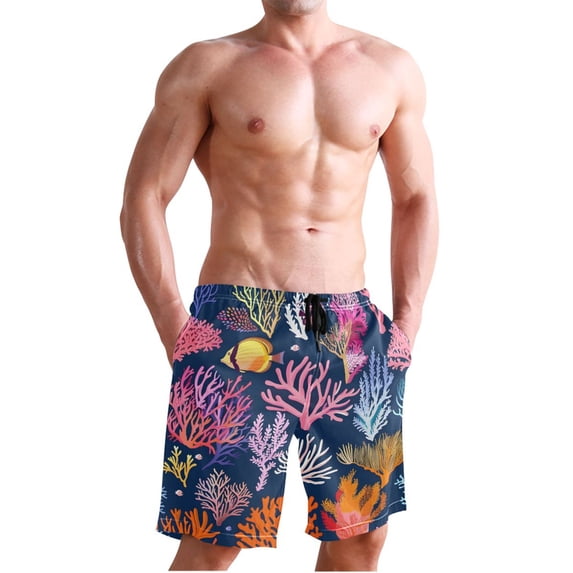 Dailycode Men's Quick Dry Swim Trunks Beach Shorts Casual Summer Board Shorts with Pockets, Tropical Coral and Fish