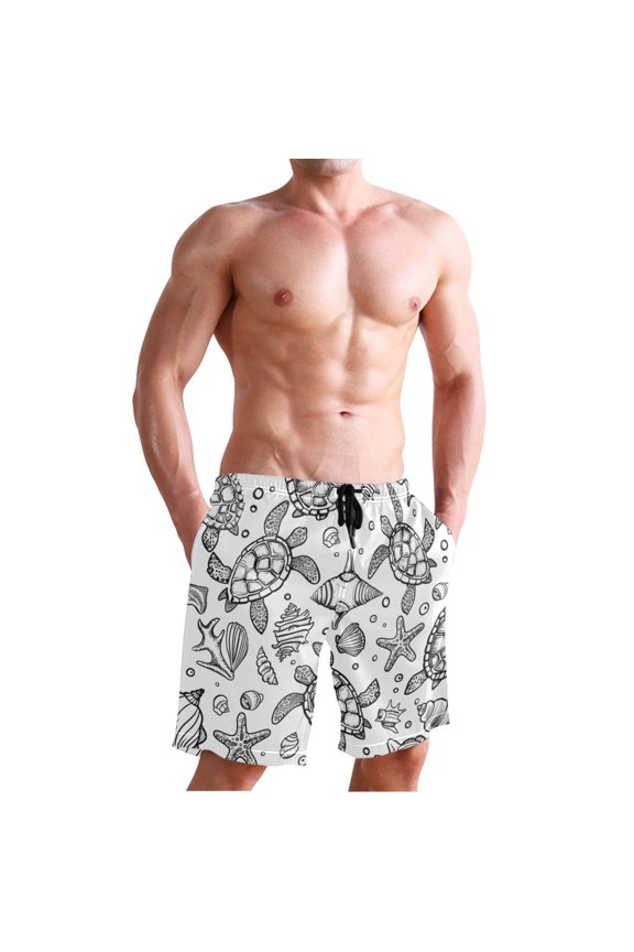 Men's Quick Dry Swim Trunks Beach Shorts Casual Summer Board Shorts with Pockets, Turtles Shells Starfish Line