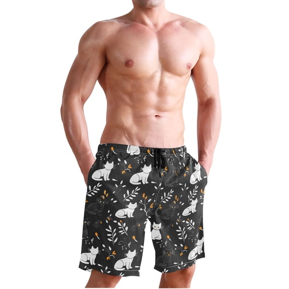 Dailycode Men's Quick Dry Swim Trunks Beach Shorts Casual Summer Board Shorts with Pockets, White and Black Cats