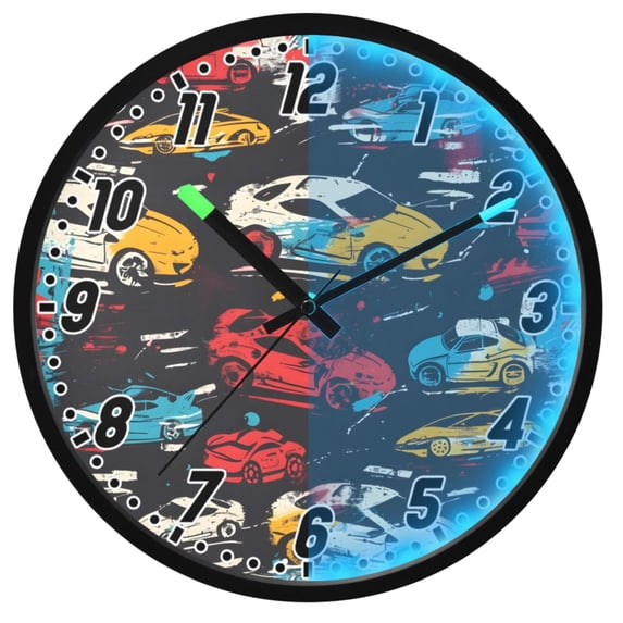 Dailycode Night Light Wall Clock Glow in The Dark 12 inch Battery Operated Silent Luminous Clocks, Abstract Sport Cars