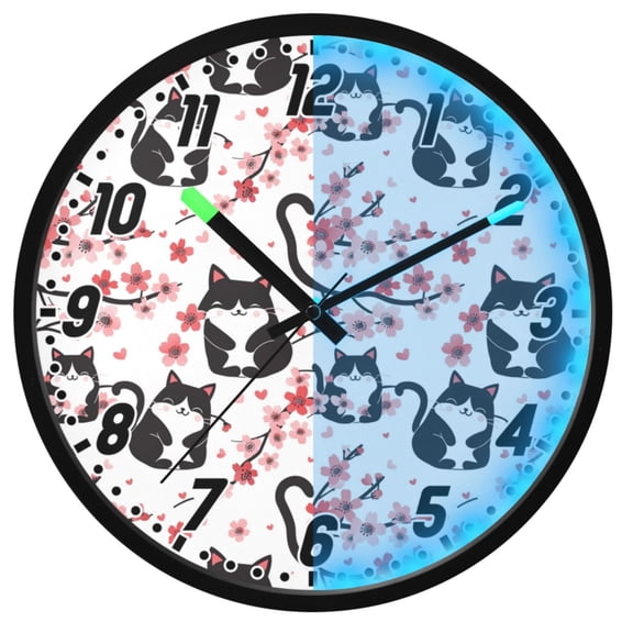 Dailycode Night Light Wall Clock Glow in The Dark 12 inch Battery Operated Silent Luminous Clocks, Black Cat and Oriental Cherry