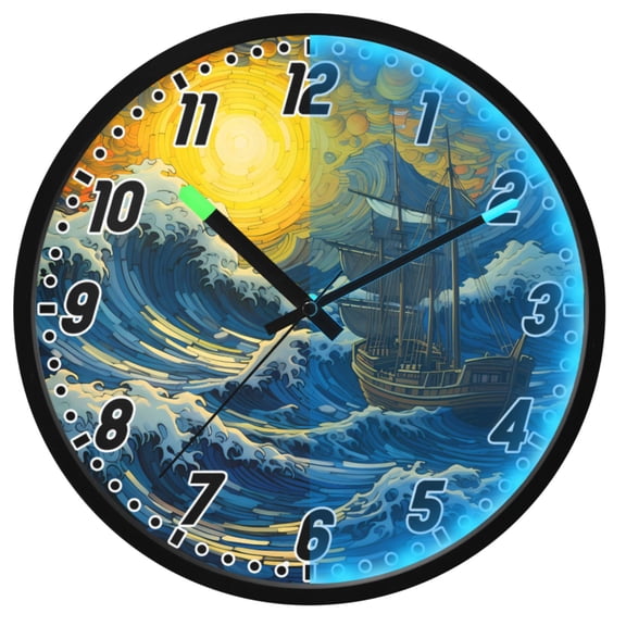 Dailycode Night Light Wall Clock Glow in The Dark 12 inch Battery Operated Silent Luminous Clocks, Boat on Wave and Sun