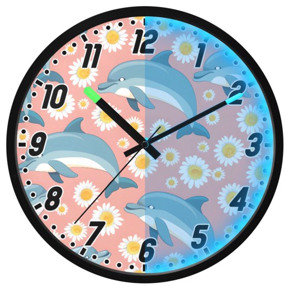 Dailycode Night Light Wall Clock Glow in The Dark 12 inch Battery Operated Silent Luminous Clocks, Cartoon Dolphins and Daisy Flower