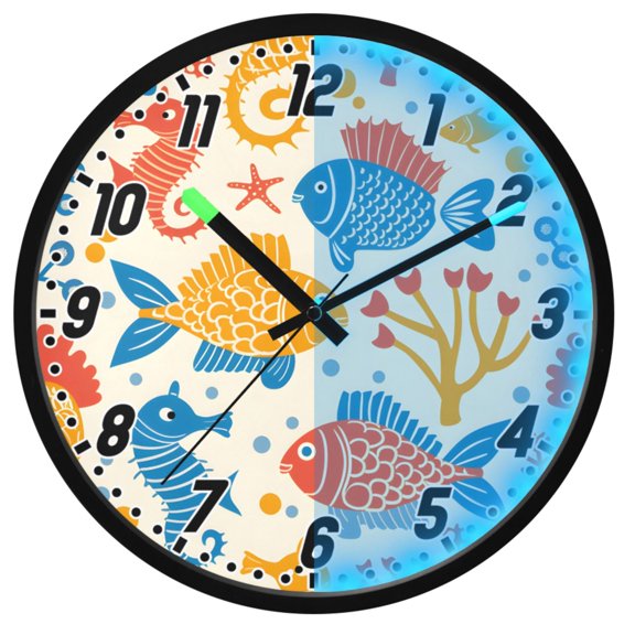 Dailycode Night Light Wall Clock Glow in The Dark 12 inch Battery Operated Silent Luminous Clocks, Cartoon Fish and Seahorse