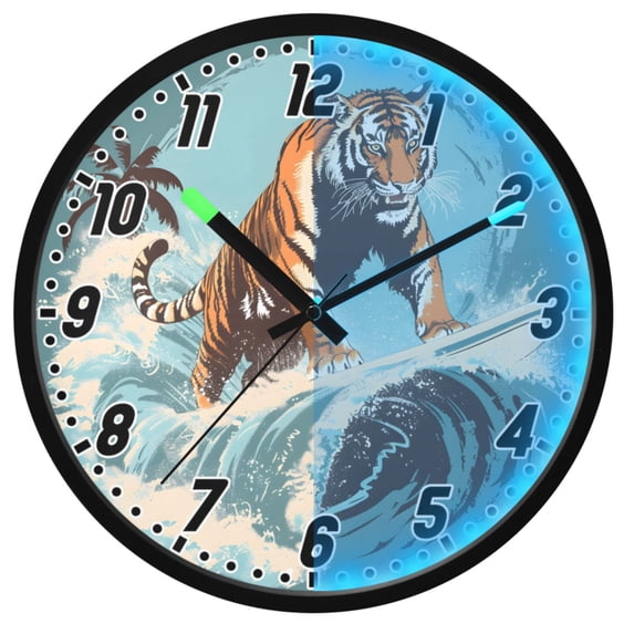 Dailycode Night Light Wall Clock Glow in The Dark 12 inch Battery Operated Silent Luminous Clocks, Cool Surfing Tiger
