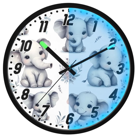 Dailycode Night Light Wall Clock Glow in The Dark 12 inch Battery Operated Silent Luminous Clocks, Cute Baby Elephant and Plant