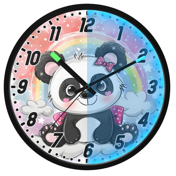 Dailycode Night Light Wall Clock Glow in The Dark 12 inch Battery Operated Silent Luminous Clocks, Cute Cartoon Panda and Rainbow
