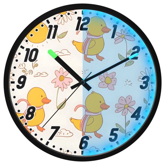 Dailycode Night Light Wall Clock Glow in The Dark 12 inch Battery Operated Silent Luminous Clocks, Cute Duck Flower Sun